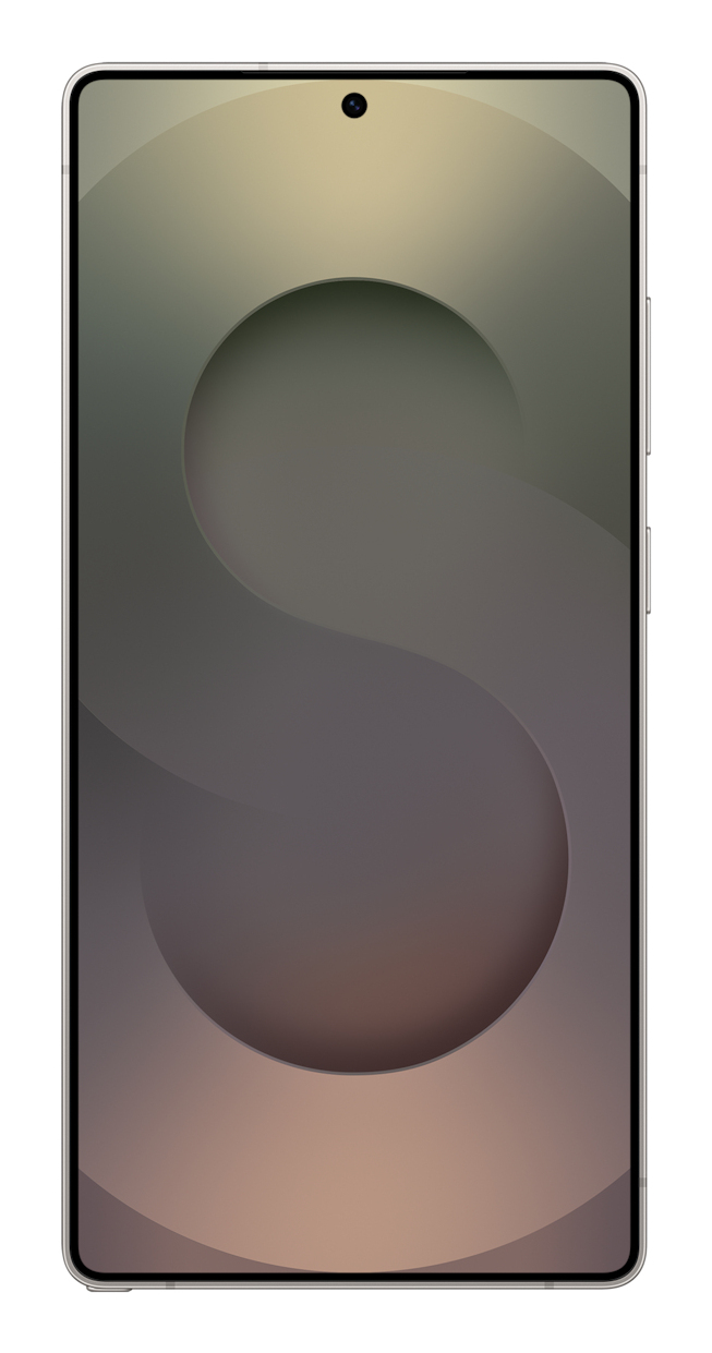 Un smartphone avec un fond stylisé en forme de S, gris et beige.