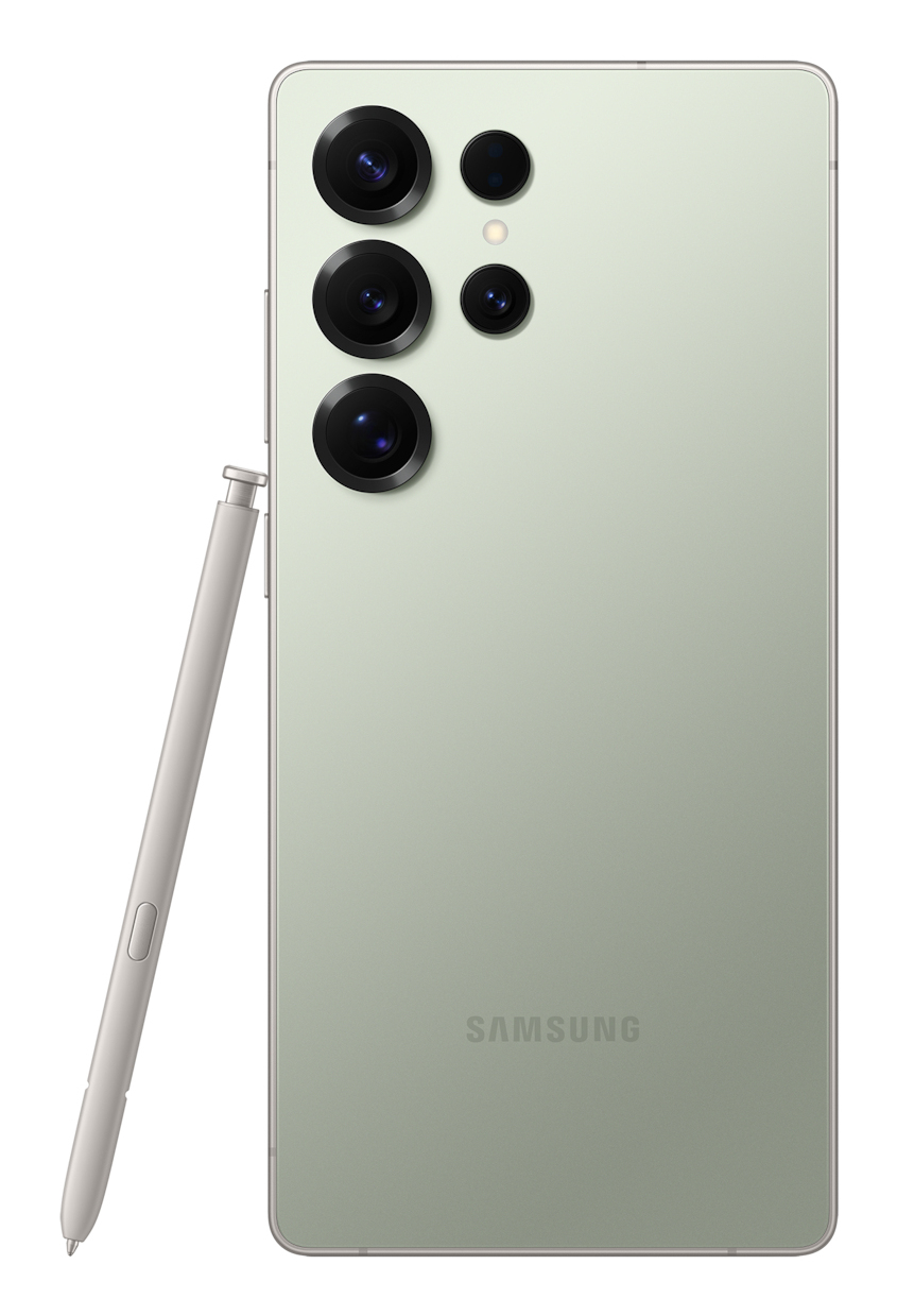 Un téléphone Samsung vert clair avec plusieurs caméras et un stylet. Le logo Samsung est visible.