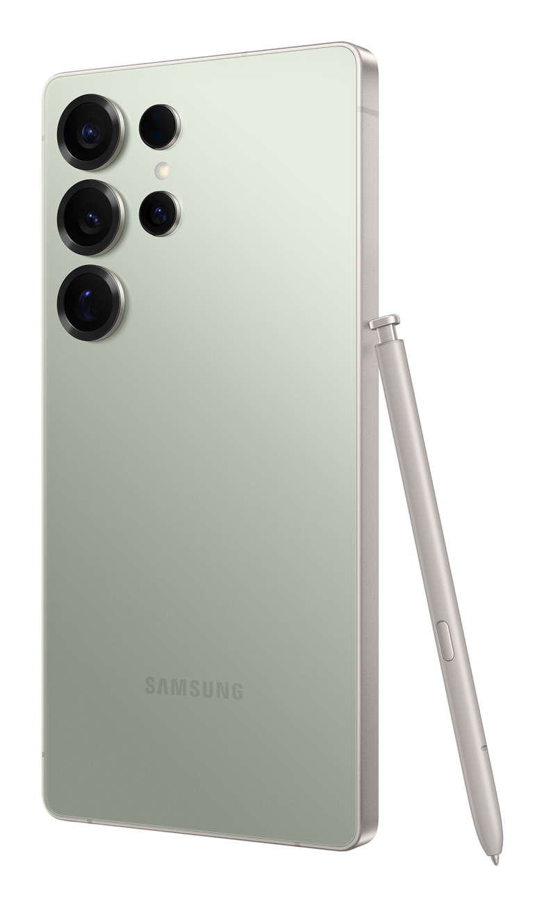 Un smartphone Samsung vert clair avec S Pen sur fond blanc.