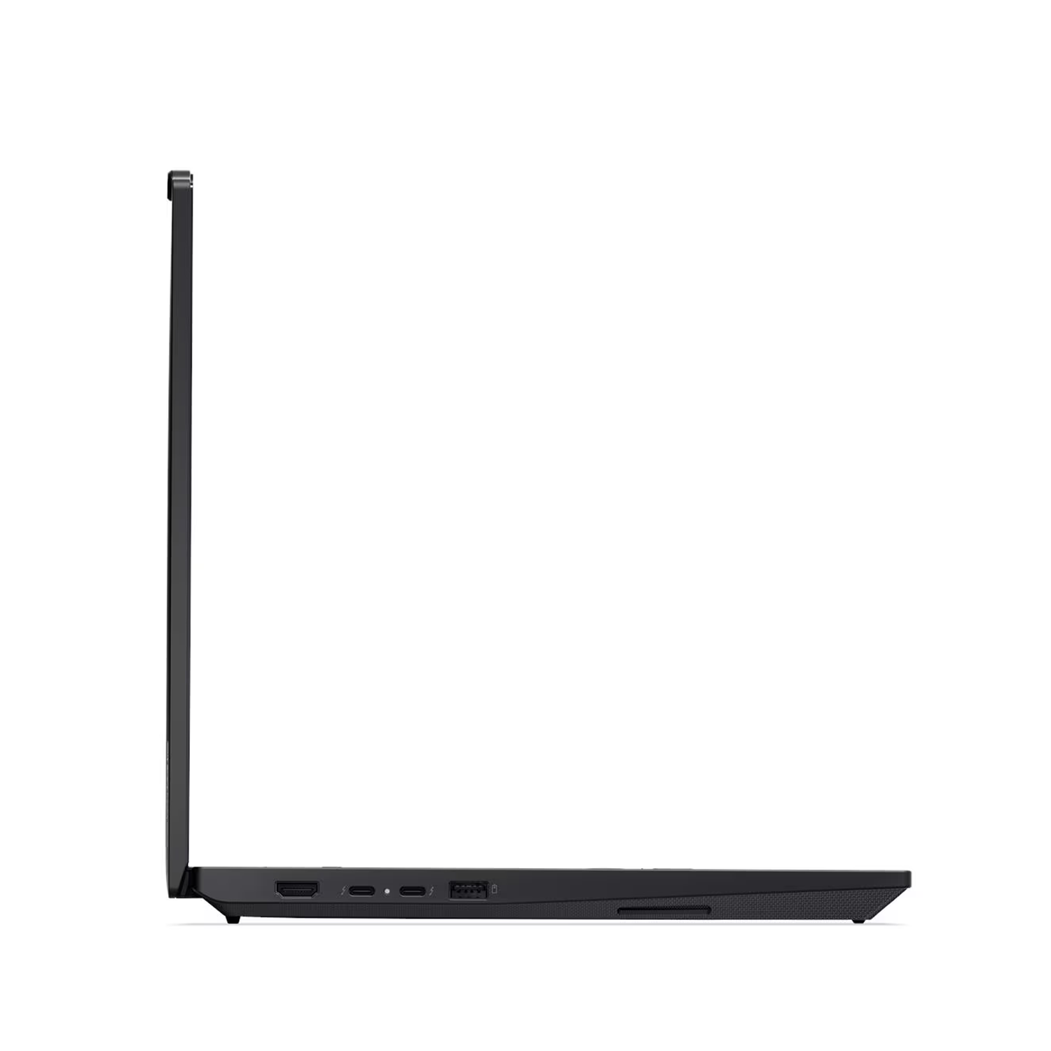HDMI ve USB-C bağlantı noktalarını gösteren siyah dizüstü bilgisayarın yan görünümü.