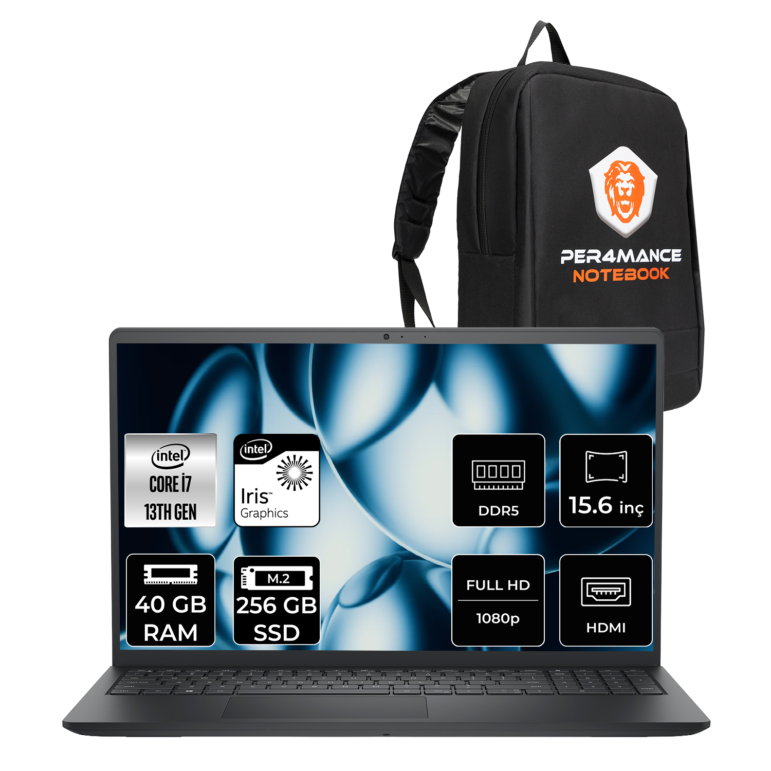 Intel Core i7, 40GB RAM, 256GB SSD'li dizüstü bilgisayar ve sırt çantası.