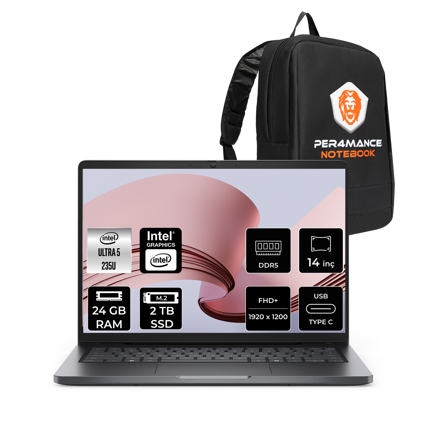 Intel Ultra 5 işlemcili, 24 GB RAM, 2 TB SSD, 14 inç FHD+ dizüstü bilgisayar ve siyah sırt çantası.
