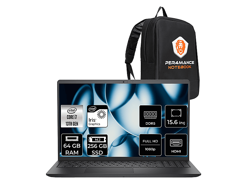 DELL Pro 15 FHD PV15250007P331 Intel Core i7-1355U 64 GB RAM 256 GB SSD 15,6 inç FreeDOS Laptop+Çanta Siyah