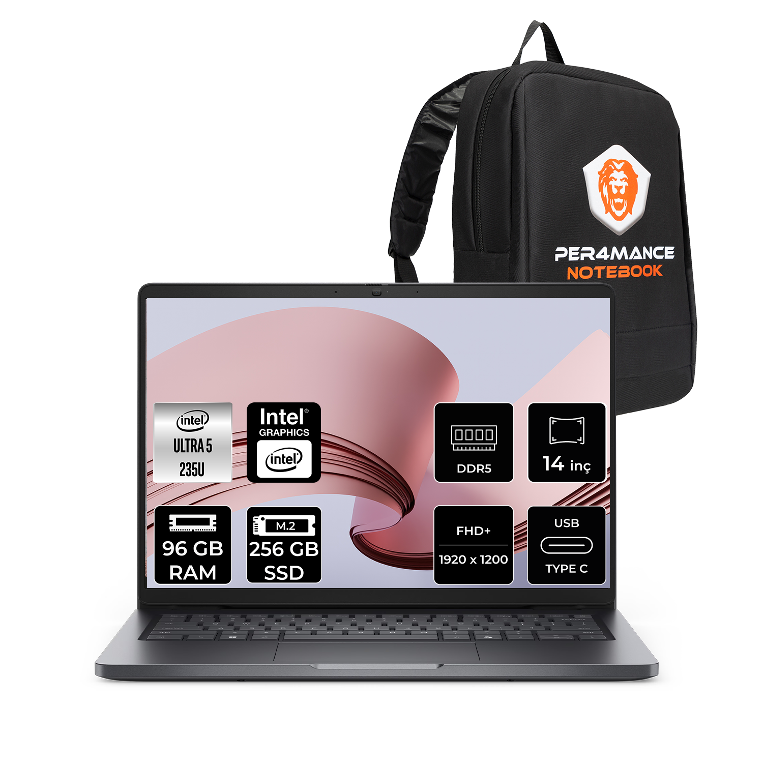Intel Ultra 5 işlemcili dizüstü bilgisayar ve siyah sırt çantası.