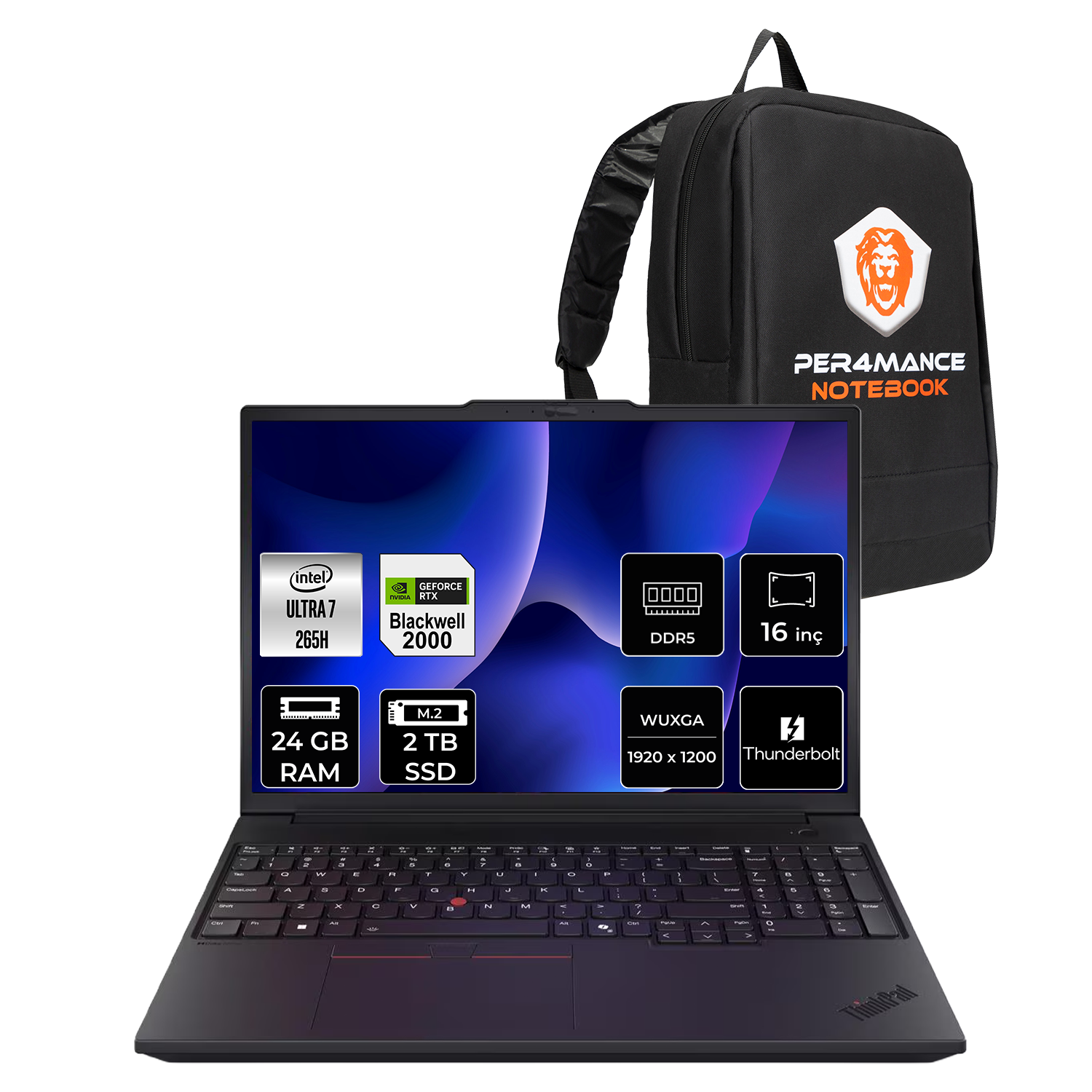 Intel Ultra 7 işlemcili siyah dizüstü bilgisayar ve sırt çantası.