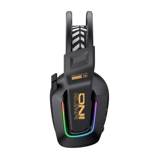 Cuffie da gaming nere con illuminazione RGB e logo dorato.