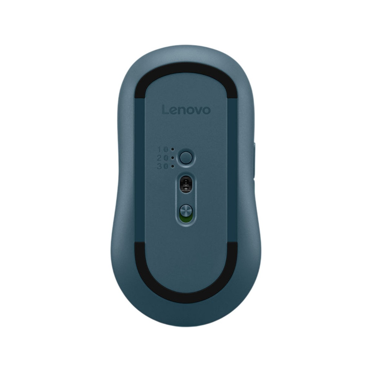Parte inferiore di un mouse Lenovo blu con impostazioni DPI e interruttore di accensione.