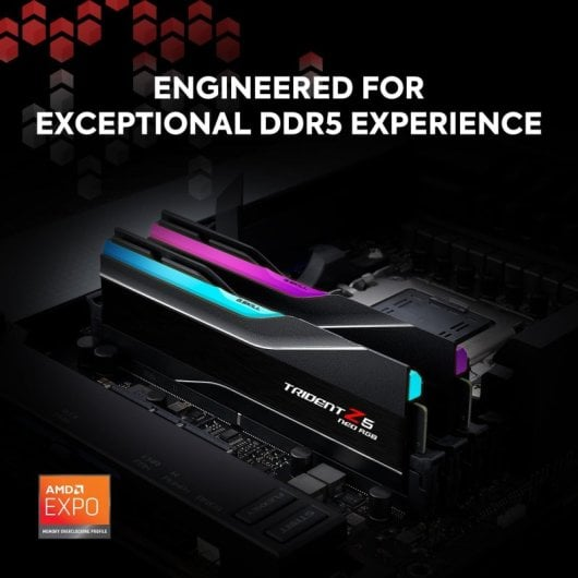 Zwei Trident Z5 Neo RGB DDR5 RAM-Riegel mit blauer und pinker Beleuchtung auf einem Motherboard.