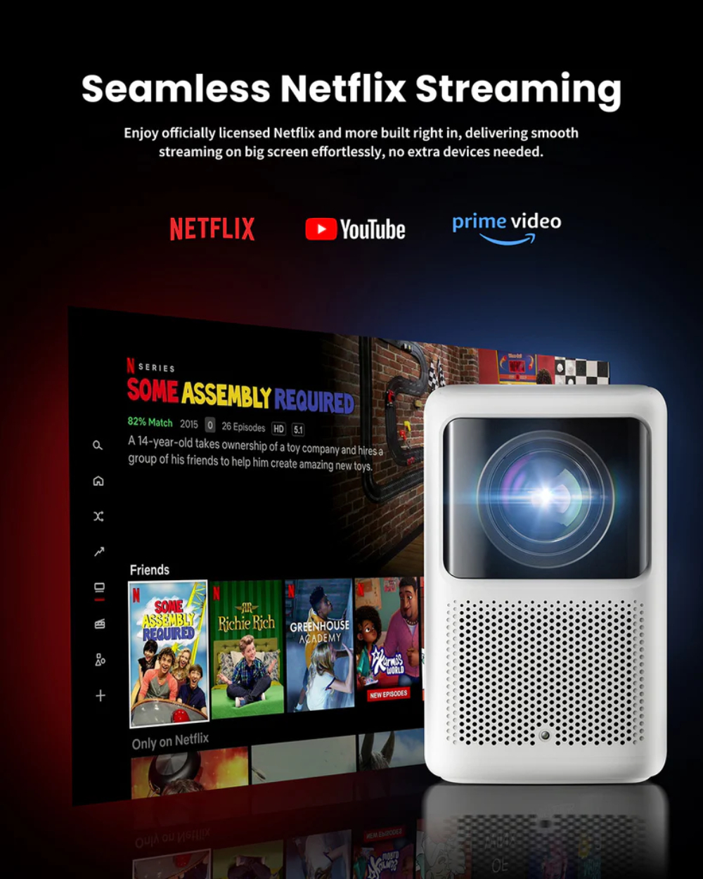 Un proyector blanco muestra contenido de Netflix en una pantalla oscura.