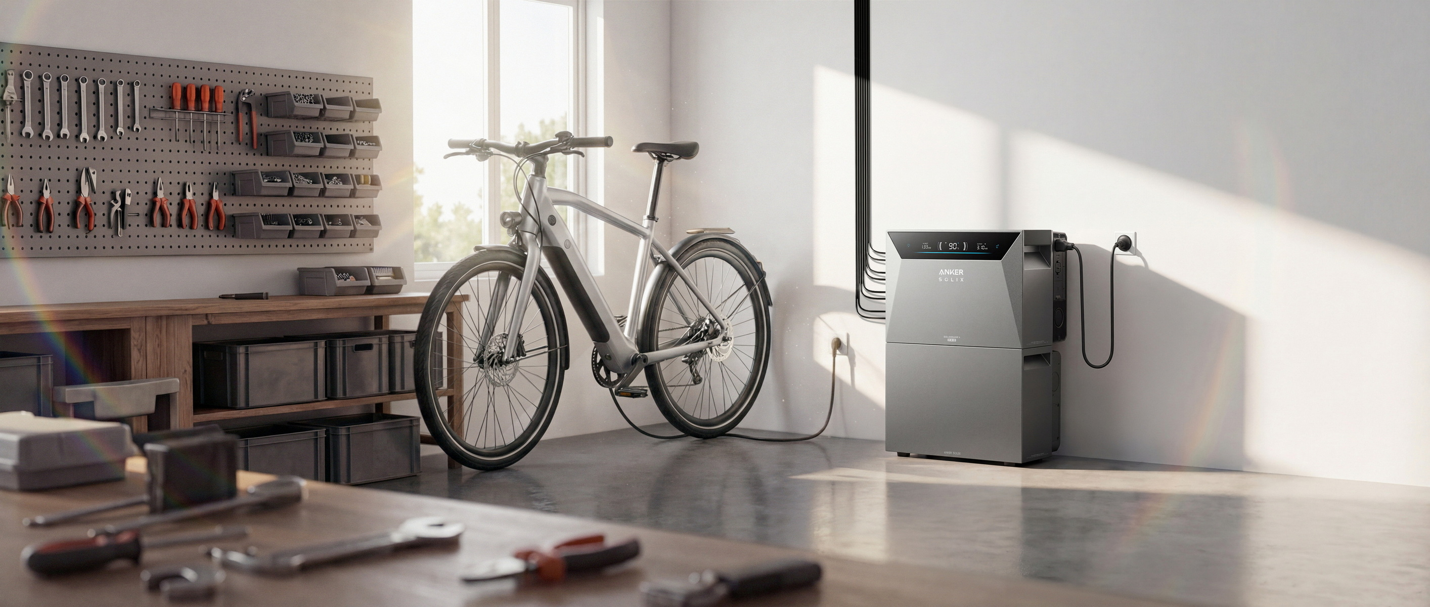 Bicicleta eléctrica gris junto a un banco de trabajo con herramientas.