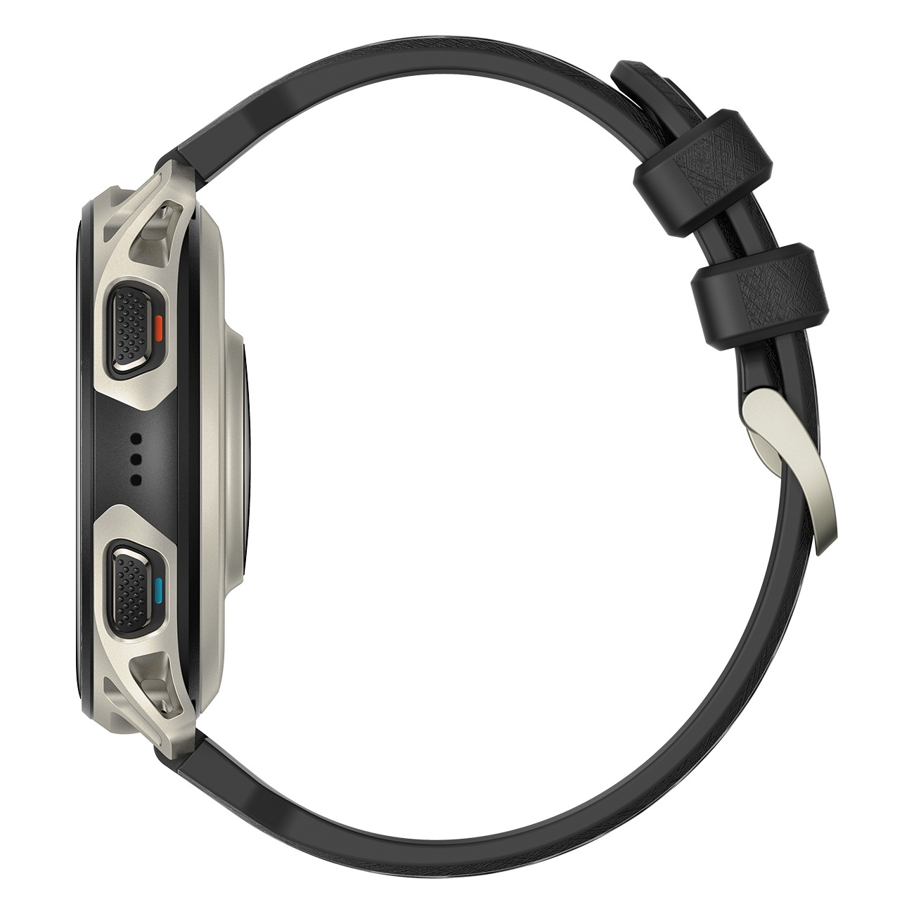 Graue Smartwatch mit schwarzem Armband und silberner Schnalle.