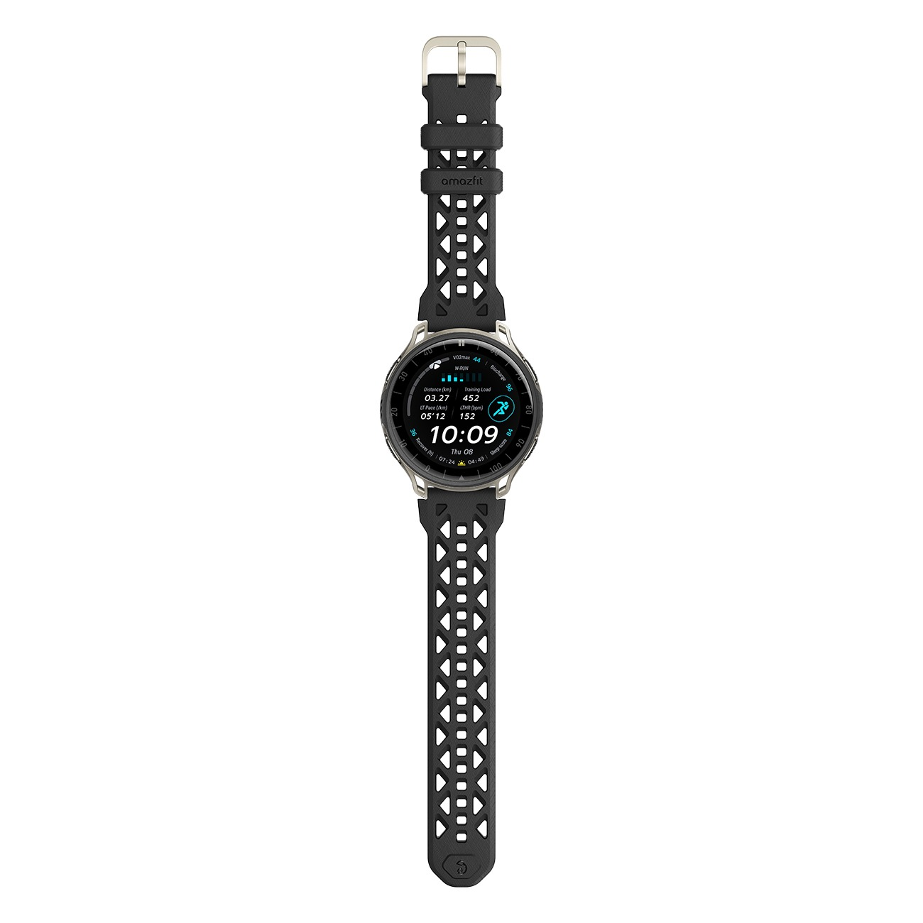 Schwarze Smartwatch mit perforiertem Armband und silberner Schnalle. Das Display zeigt Uhrzeit und Fitnessdaten.