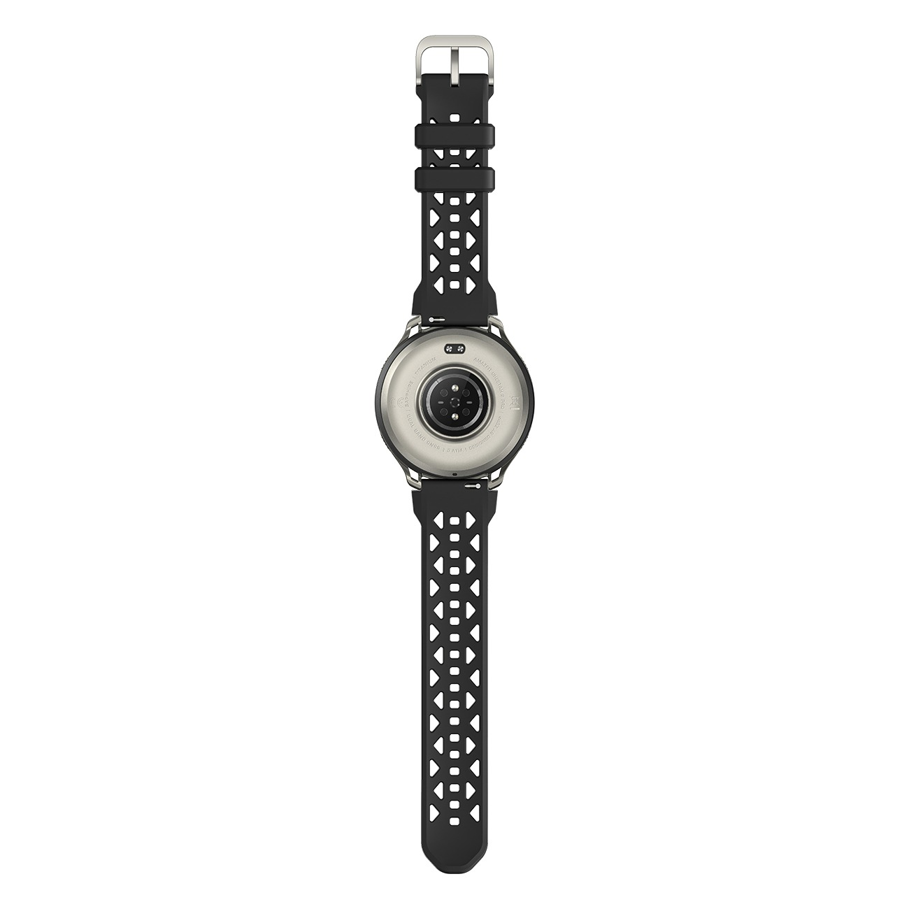 Rückseite einer schwarzen Smartwatch mit Metallschnalle und perforiertem Armband.
