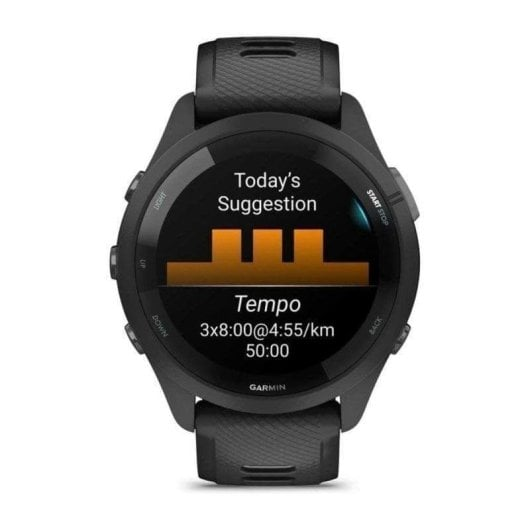 Schwarze Garmin-Smartwatch mit Trainingsvorschlag: Tempo 3x8 Min bei 4:55/km.