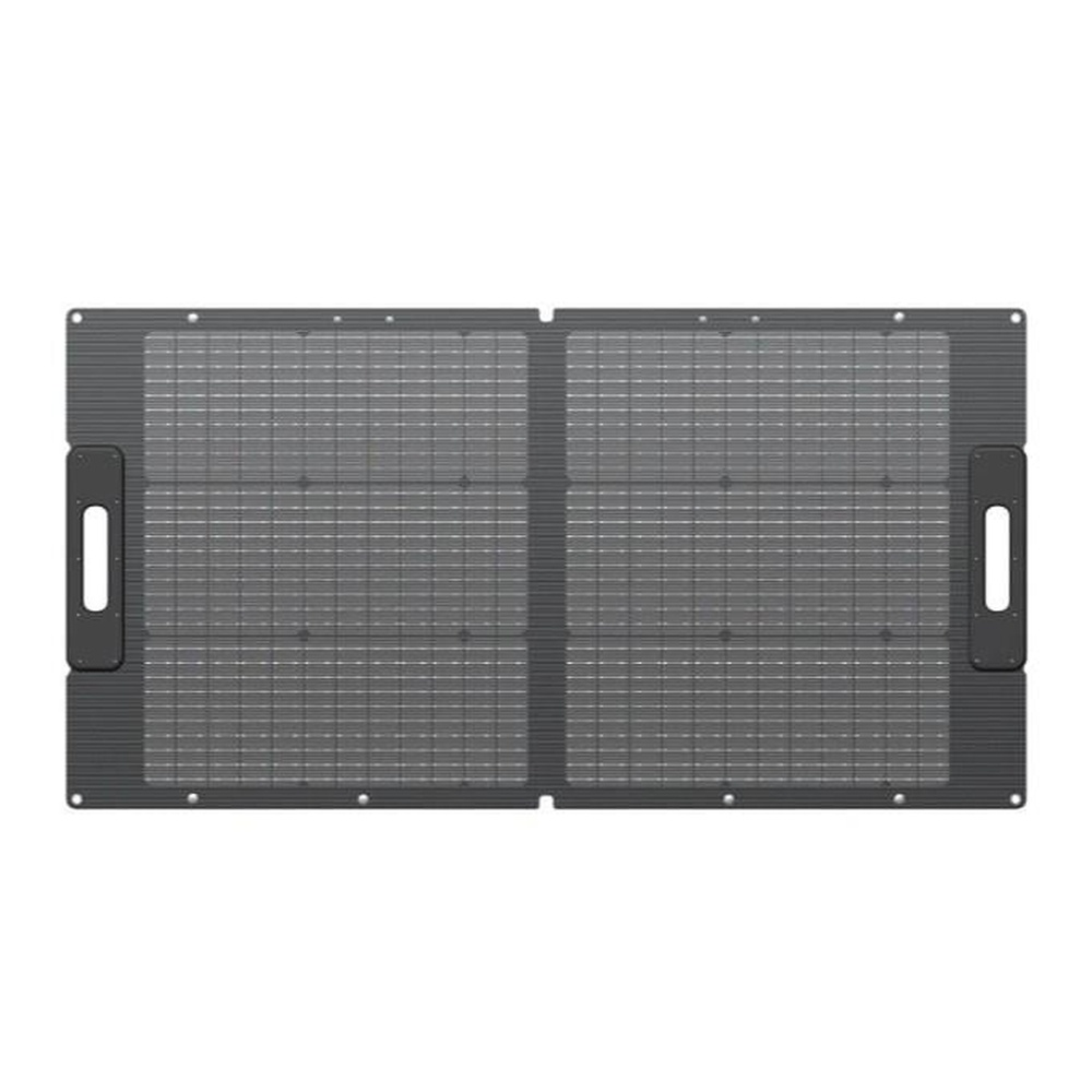 Panel solar plegable gris con asas negras a ambos lados.