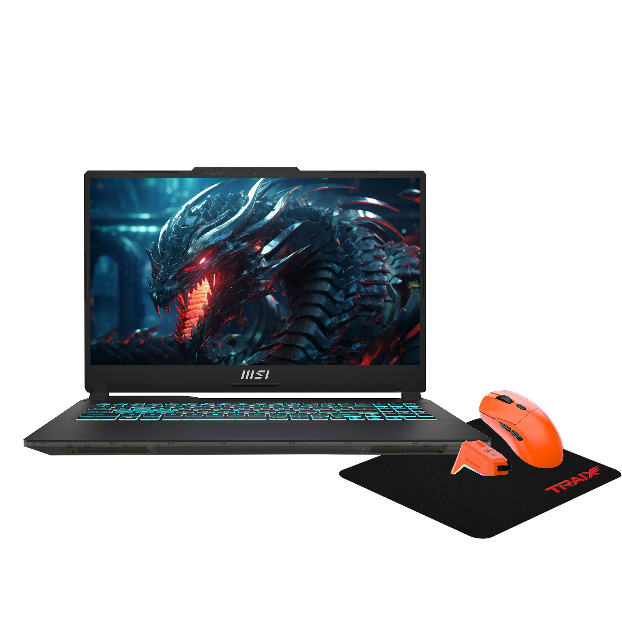 Parlak mavi klavyeli dizüstü bilgisayar, yanında turuncu fare ve mousepad.