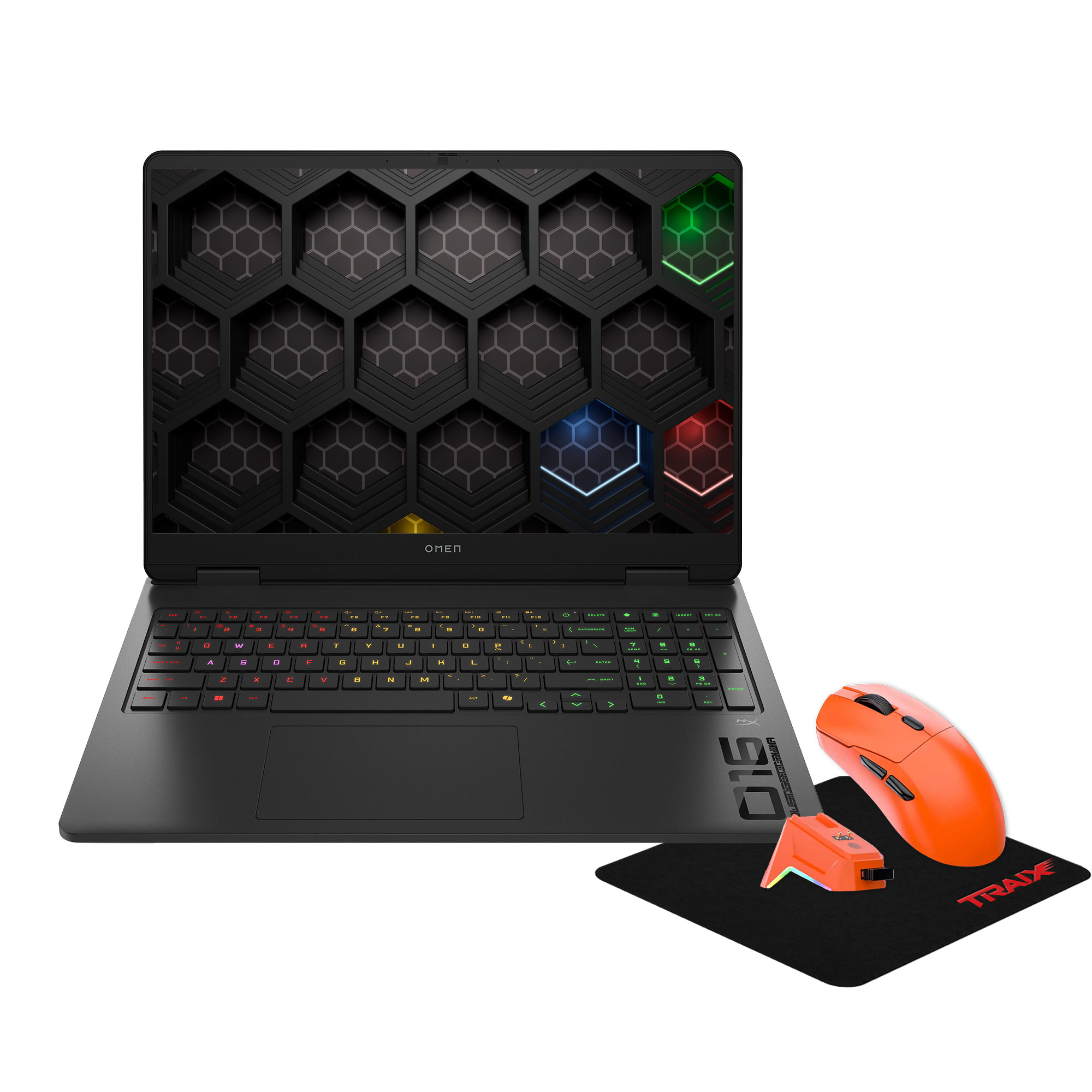 Işıklı klavyeli siyah dizüstü bilgisayar, yanında turuncu fare ve mousepad bulunmaktadır.