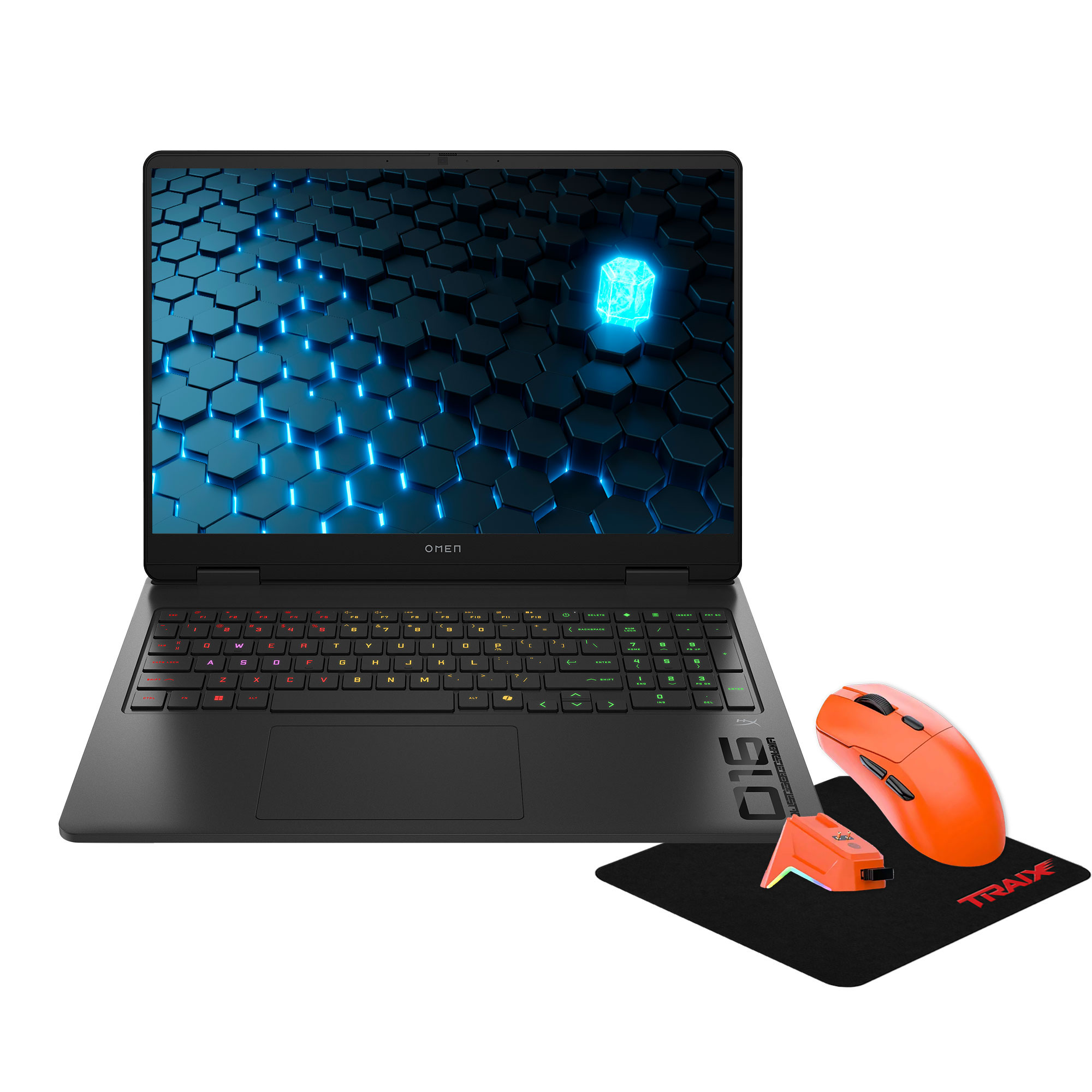 Işıklı klavyeli, fareli ve mouse pad'li siyah dizüstü bilgisayar.