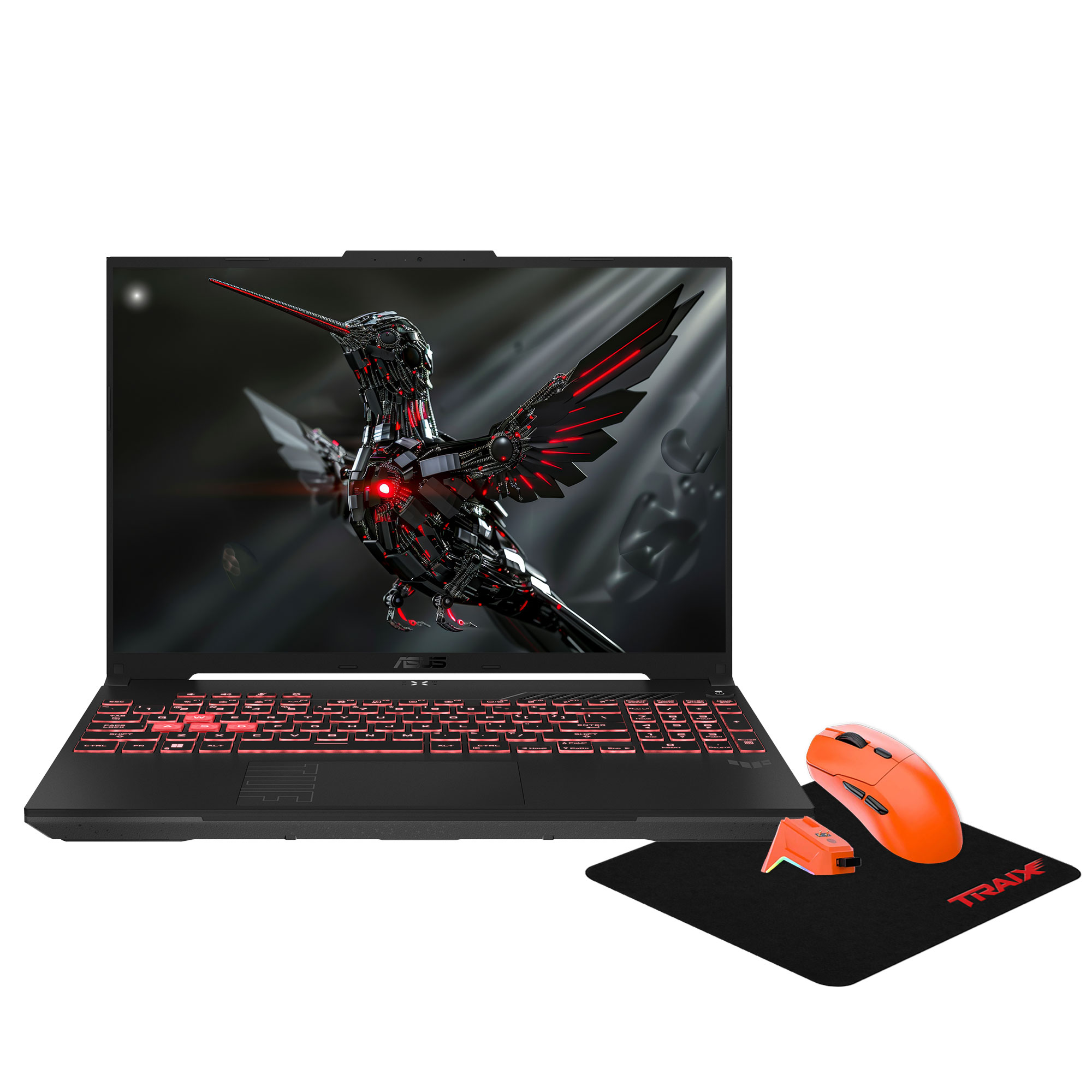 Kırmızı aydınlatmalı tuşlara sahip siyah dizüstü bilgisayar, turuncu fare ve mousepad.