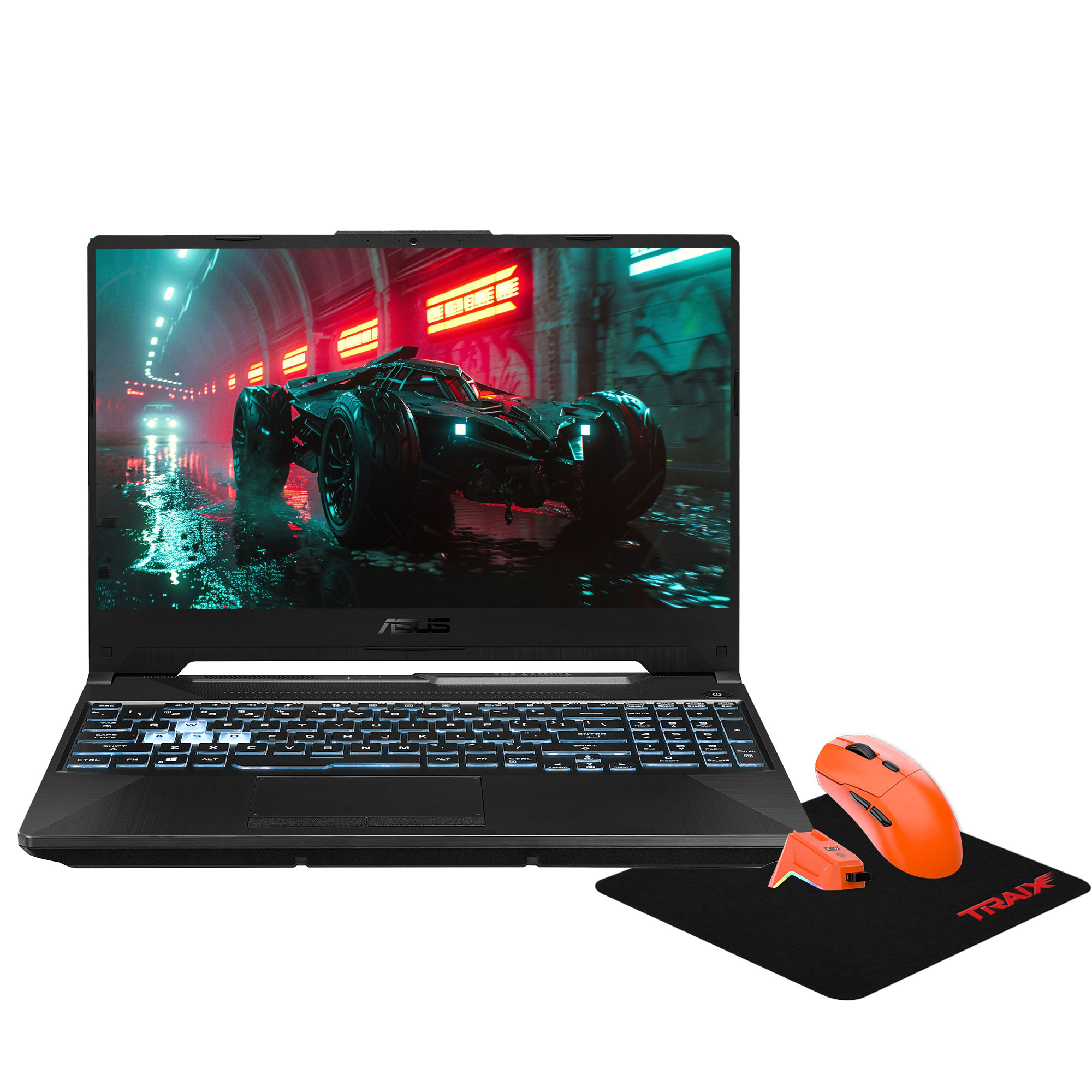 Işıklı klavyeli siyah dizüstü bilgisayar, turuncu fare ve mousepad.