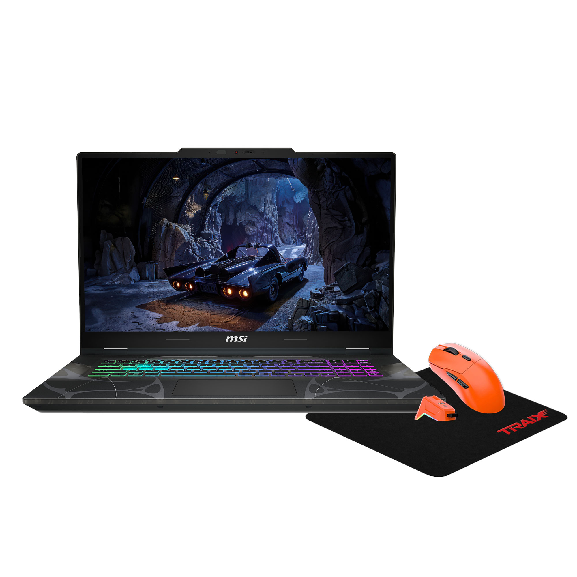 MSI dizüstü bilgisayar, RGB klavyeli, turuncu fare ve siyah mousepad üzerinde USB adaptörlü.
