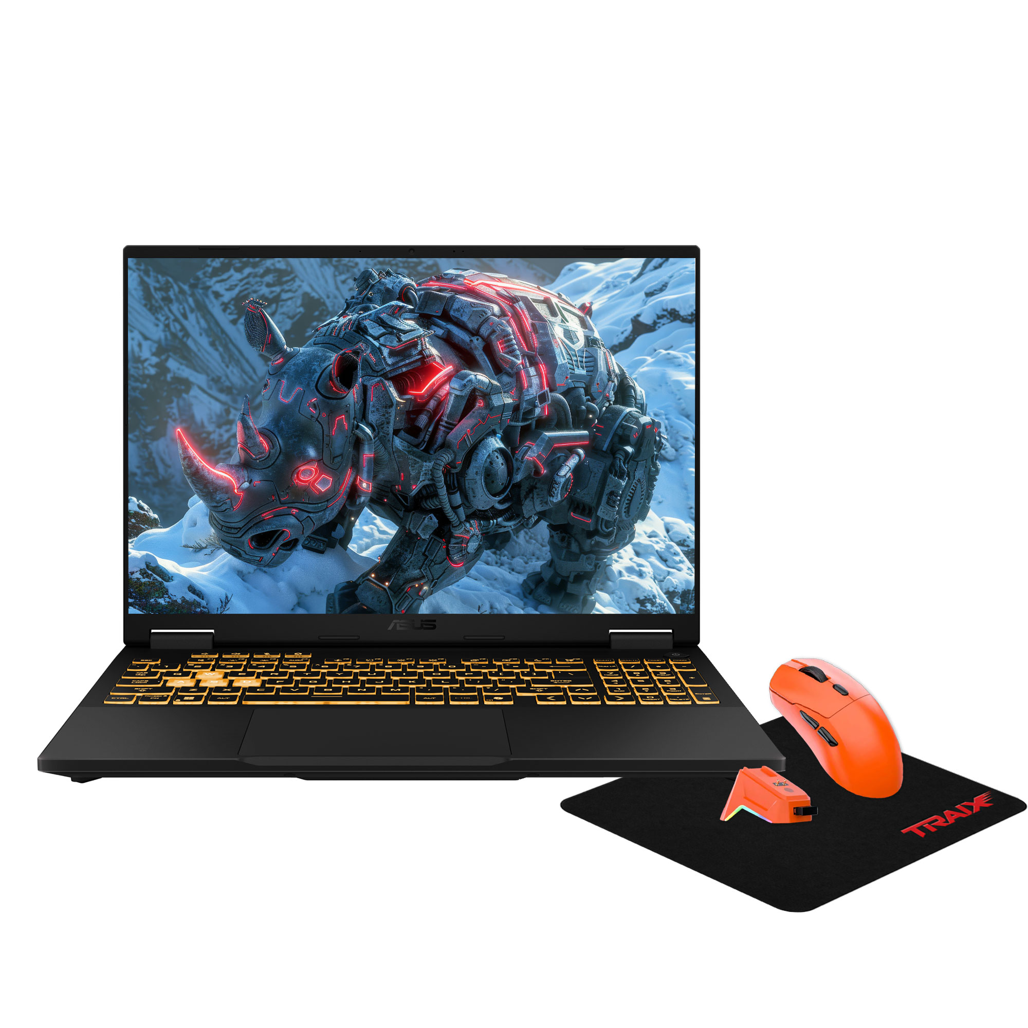 Neon gergedan duvar kağıtlı siyah dizüstü bilgisayar, turuncu fare ve mousepad.