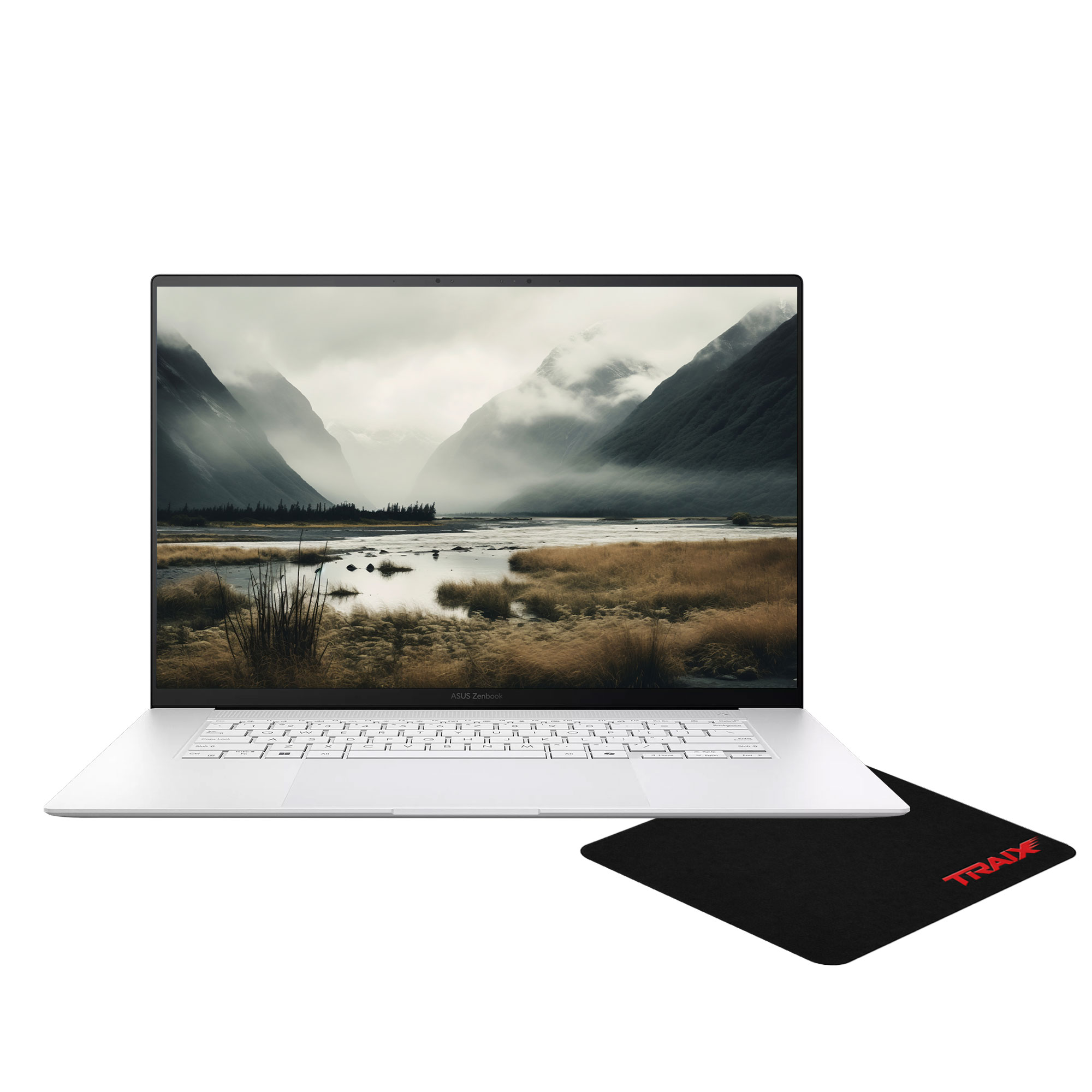 Beyaz bir dizüstü bilgisayar manzara resmi gösteriyor, yanında kırmızı logolu siyah mousepad.