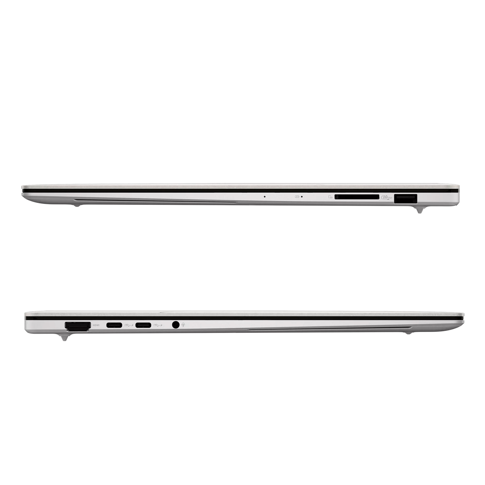 Gümüş rengi dizüstü bilgisayarın yan görünümü: HDMI, USB-C, SD kart okuyucu ve USB-A.