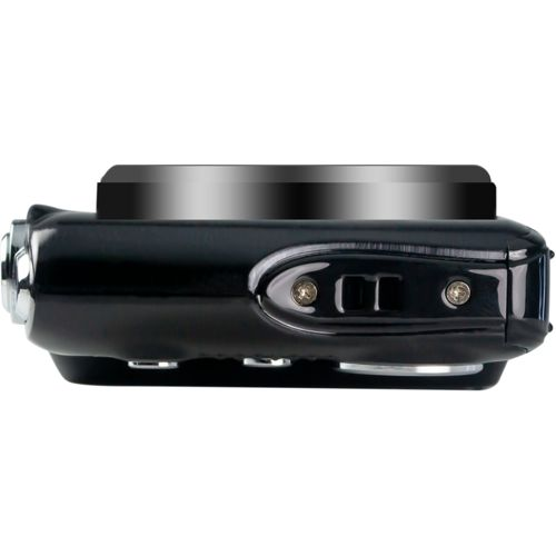 Una videocámara digital negra con controles y tornillos plateados, vista de lado.