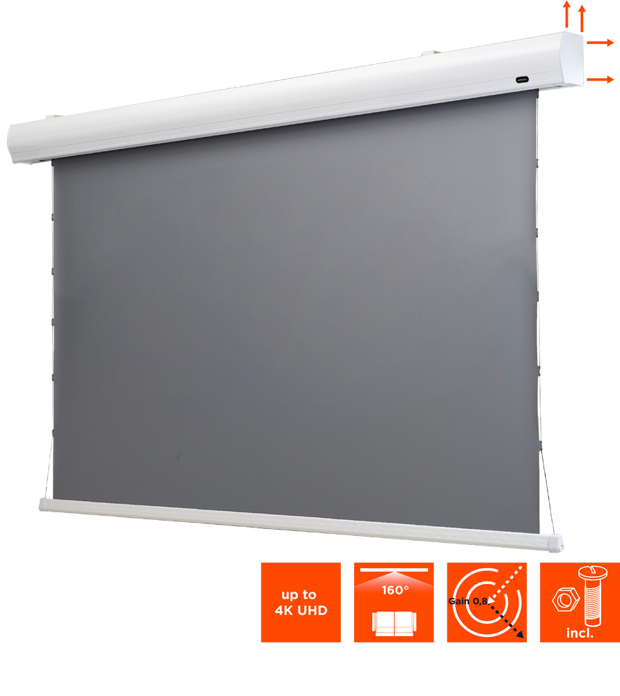 Grauer Rollo-Projektionsleinwand mit weißem Gehäuse und Montagezubehör.