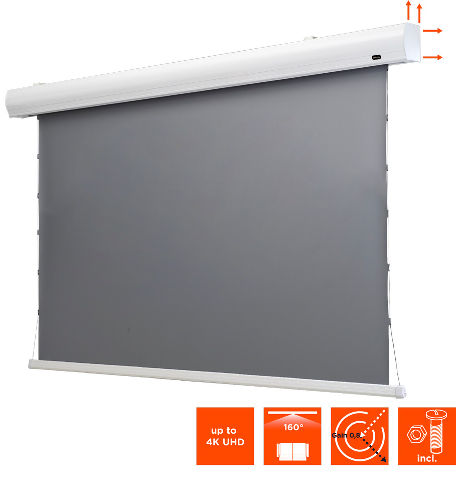 Eine graue Leinwand mit weißem Gehäuse und Infografiken unten.