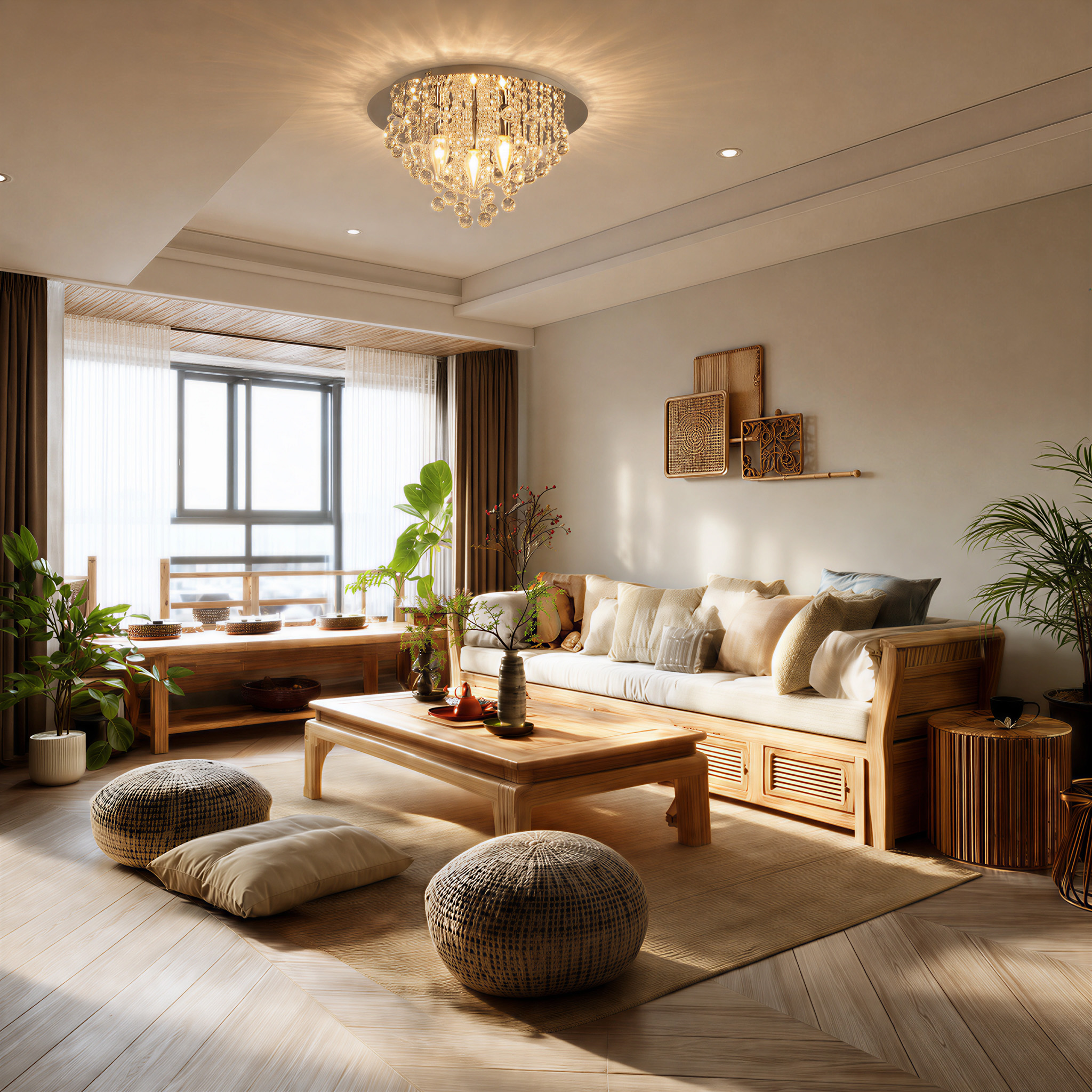 Ein Wohnzimmer mit Holzboden, Sofa, Couchtisch und Pflanzen. Kristalllüster.