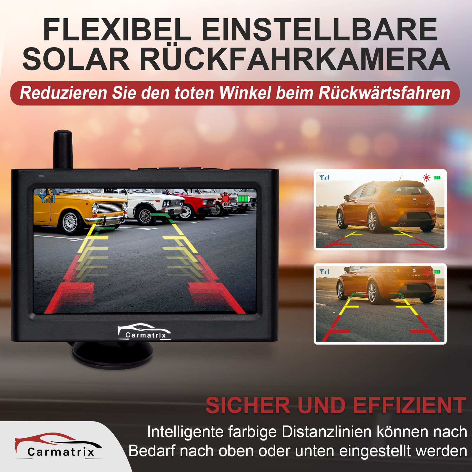 Rückfahrkamera-Display zeigt Autos und Führungslinien. Rechts: Parkansichten.