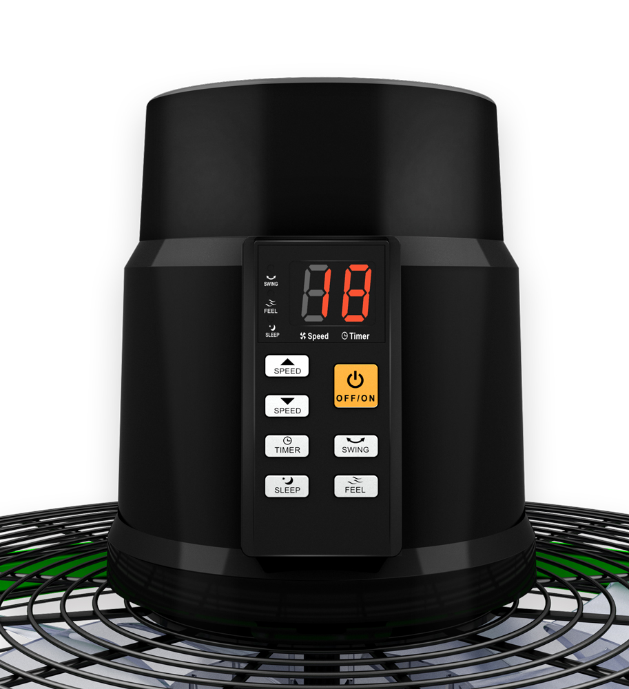 Base ventilatore nera con display digitale che mostra '88'. Pulsanti per Velocità, Timer, Oscillazione, Sonno, Sensazione, Acceso/Spento.