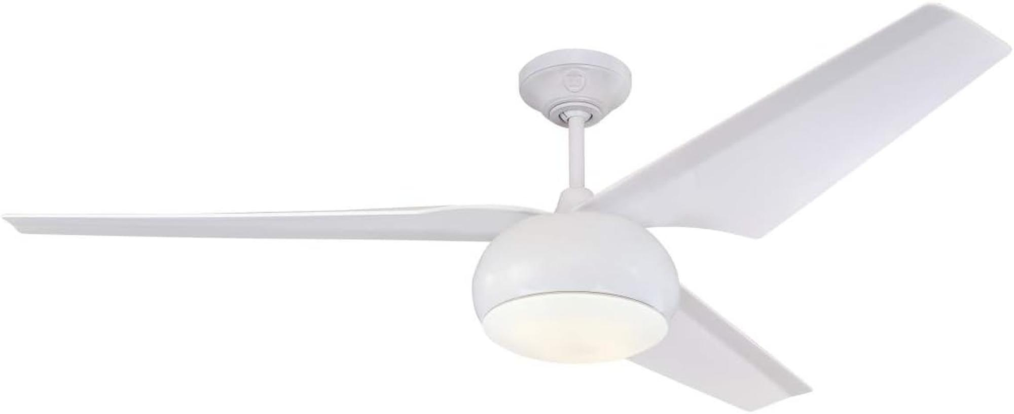 Ein moderner weier Deckenventilator mit drei Bl¤ttern und integrierter Lampe.