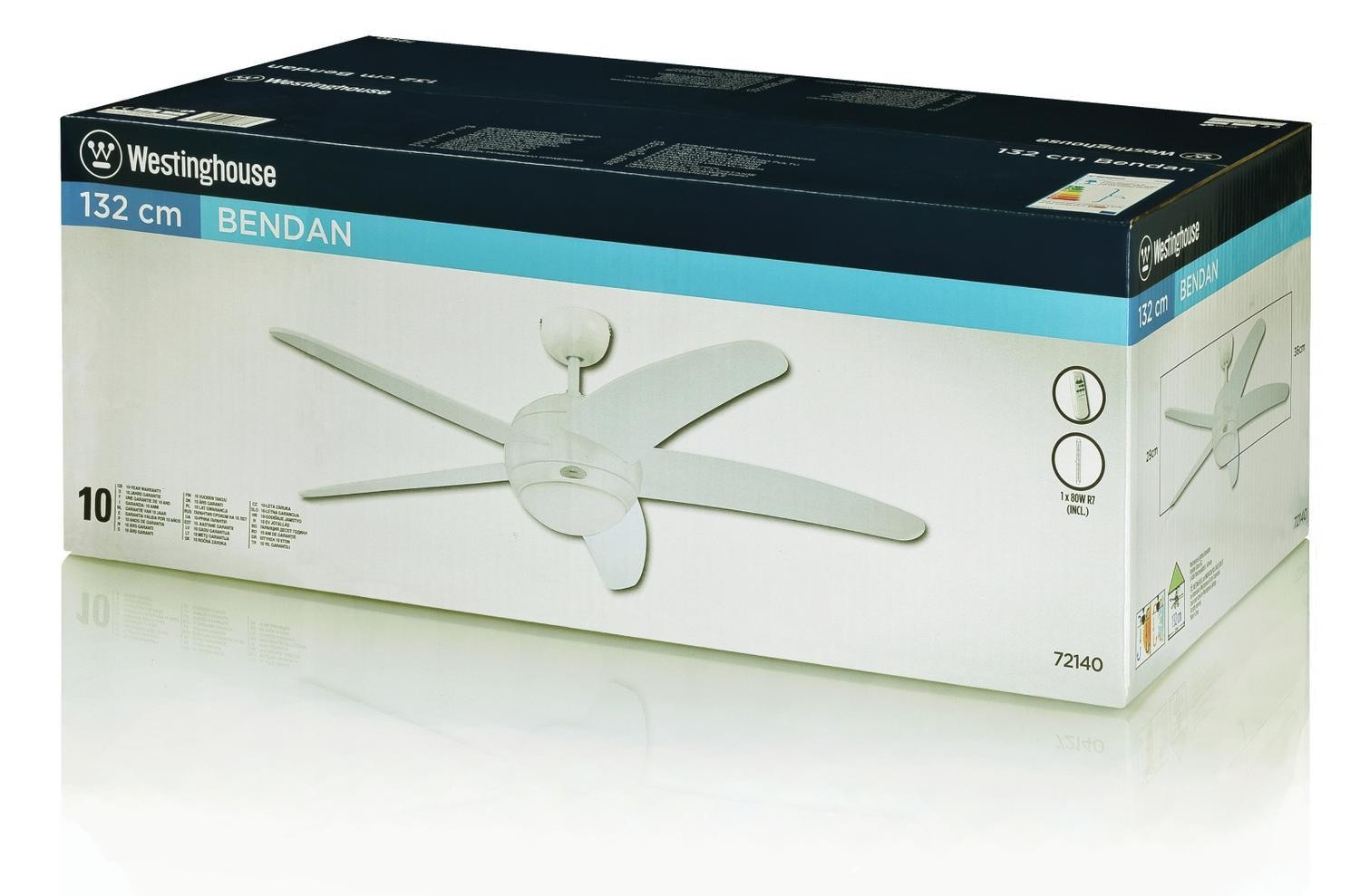 Verpackung eines weißen Westinghouse Deckenventilators, 132 cm, Modell Bendan.