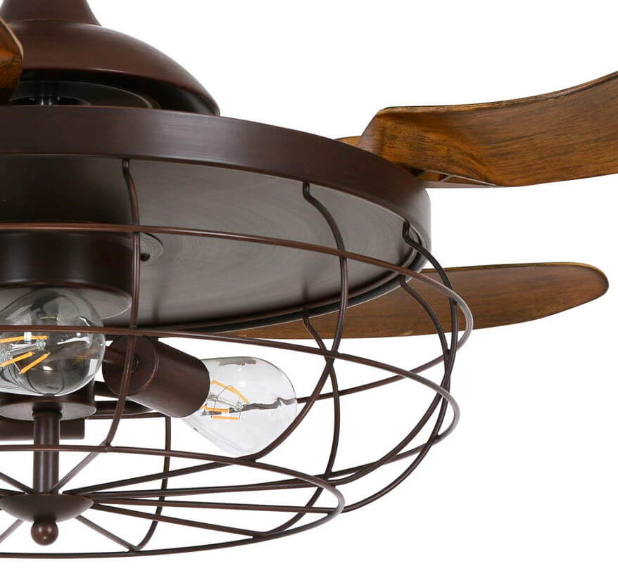 Dunkelbrauner Deckenventilator mit Holzblättern und exponierten Glühbirnen.