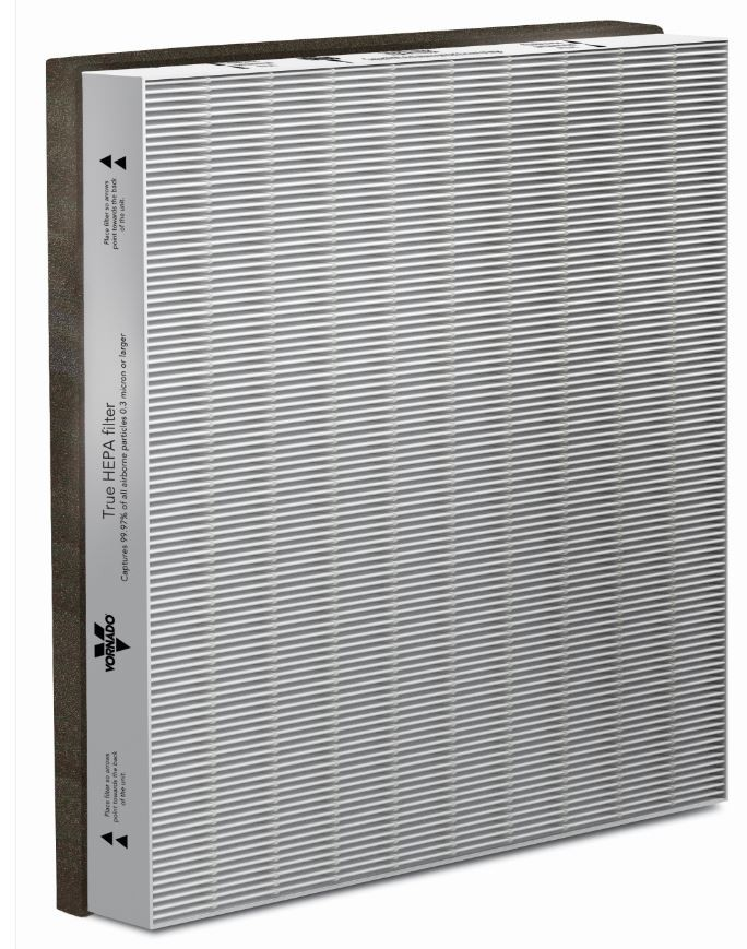 Ein Vornado True HEPA-Filter mit grauem Faltenmaterial und schwarzem Rahmen.