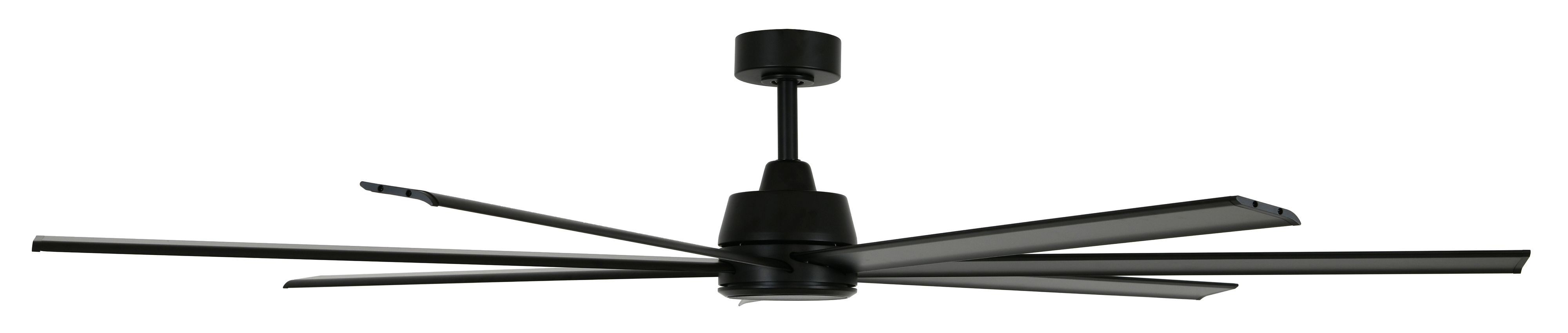 Ein moderner schwarzer Deckenventilator mit sechs breiten Blättern, montiert an einer Stange.