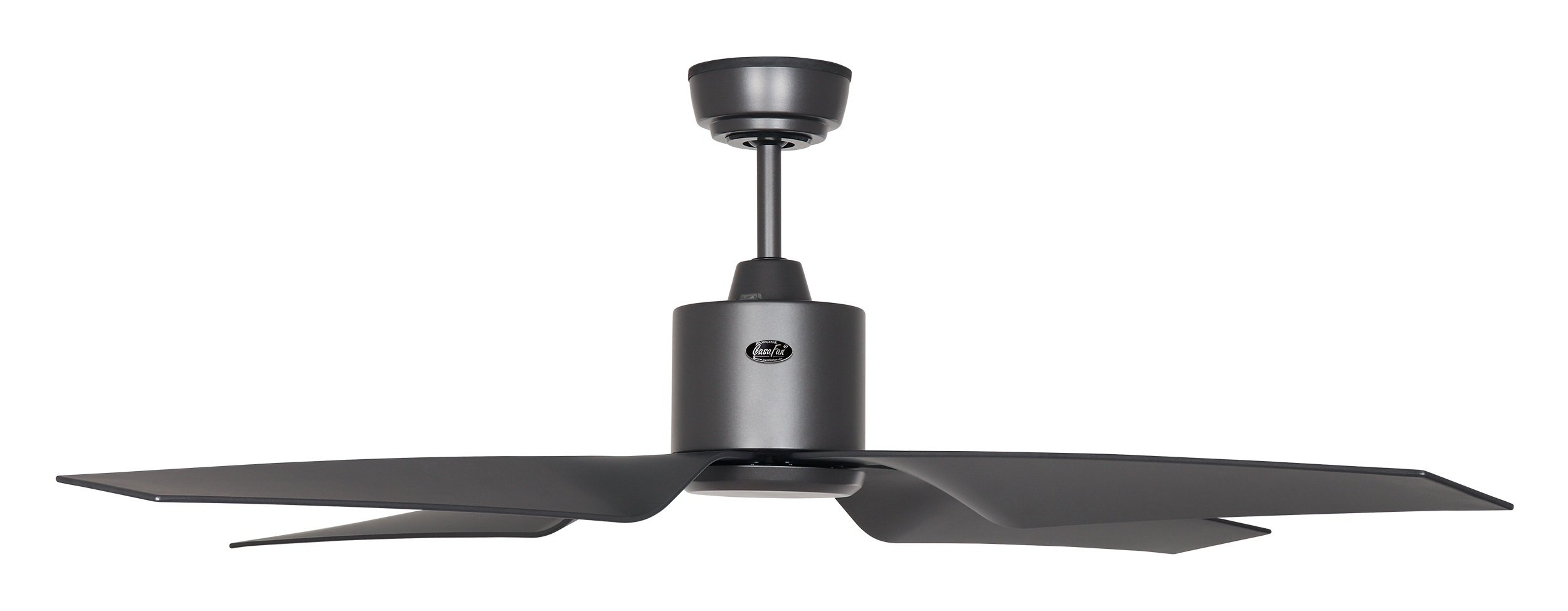 Ein dunkler Deckenventilator mit drei breiten, geschwungenen Rotorblättern.
