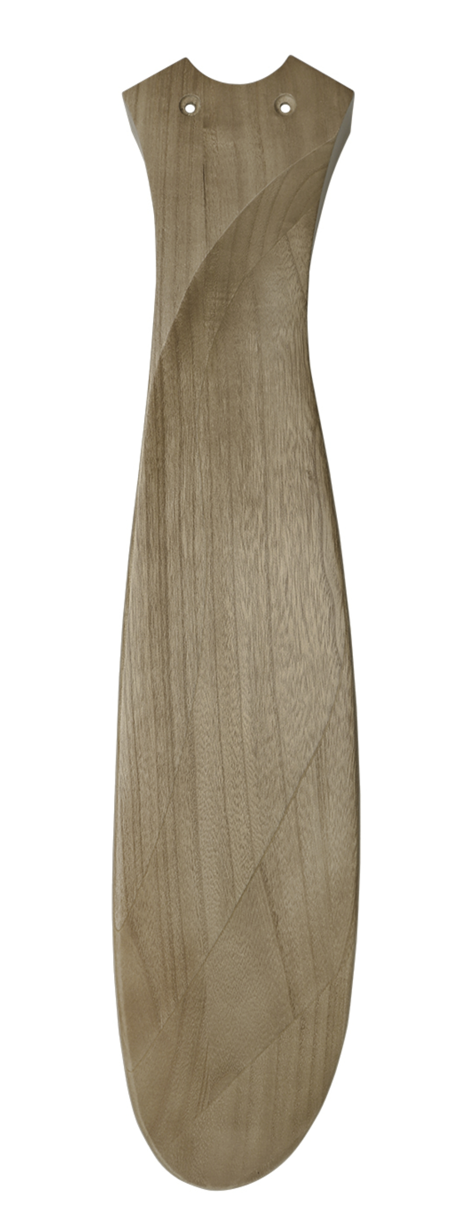 Una pala di ventilatore in legno con design attorcigliato e due fori di montaggio.