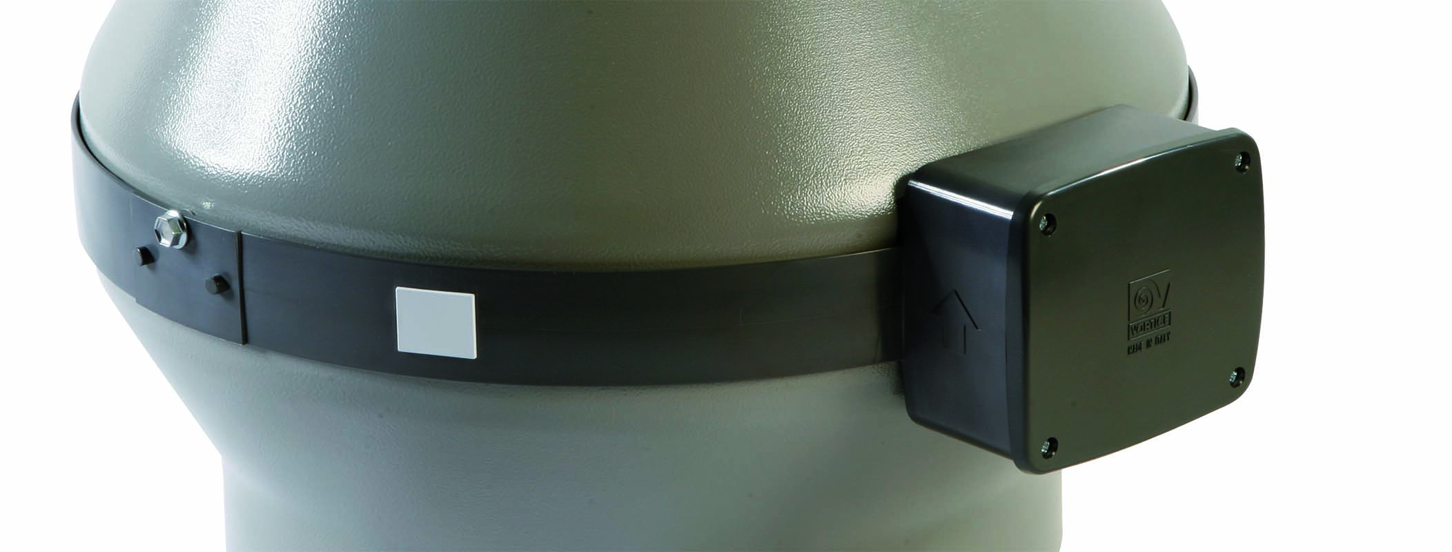 Grauer Behälter mit schwarzem Band und schwarzer Box mit Pfeil.