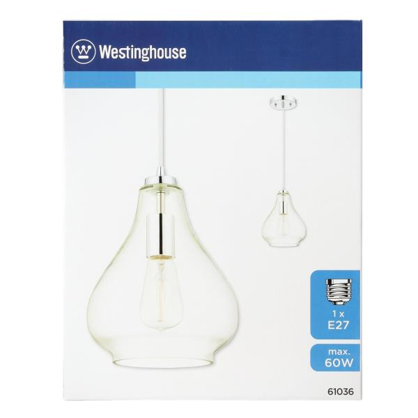 Verpackung für eine Westinghouse-Lampe mit Glaspendel und E27-Fassung.