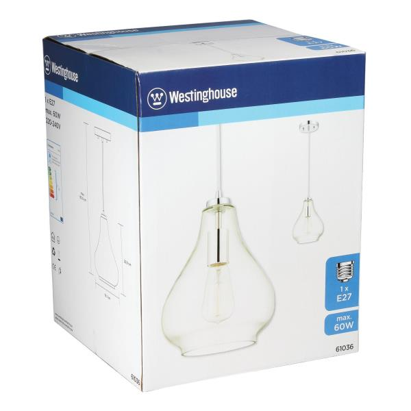 Verpackung einer Pendelleuchte mit Glaskolben und Chromdetails.