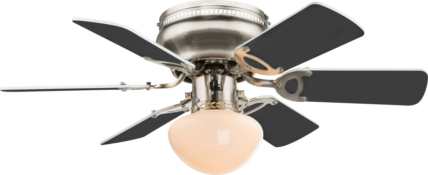 Ein Deckenventilator mit fünf schwarzen Rotorblättern und einem Lampenschirm aus satiniertem Glas.