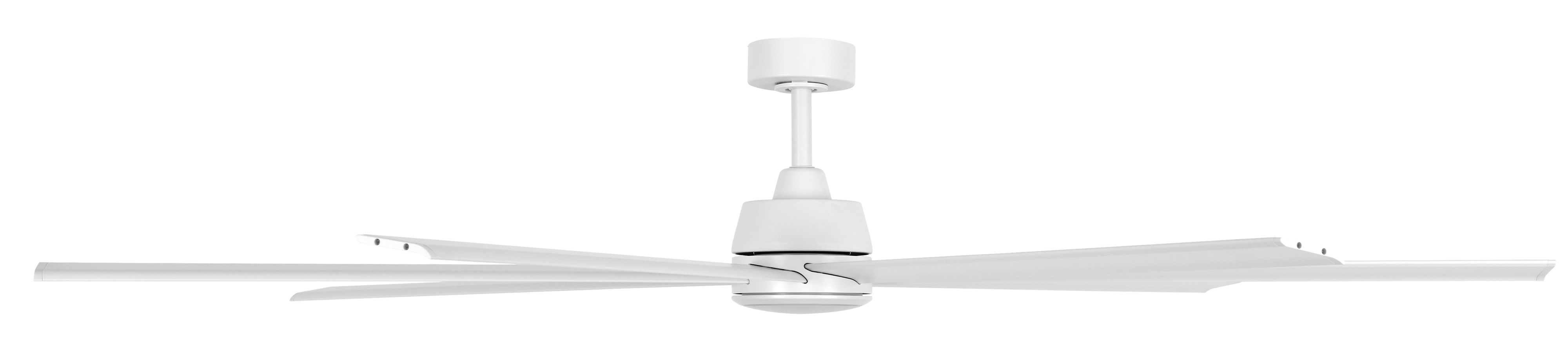 Ein moderner weißer Deckenventilator mit sechs Flügeln, der an der Decke hängt.