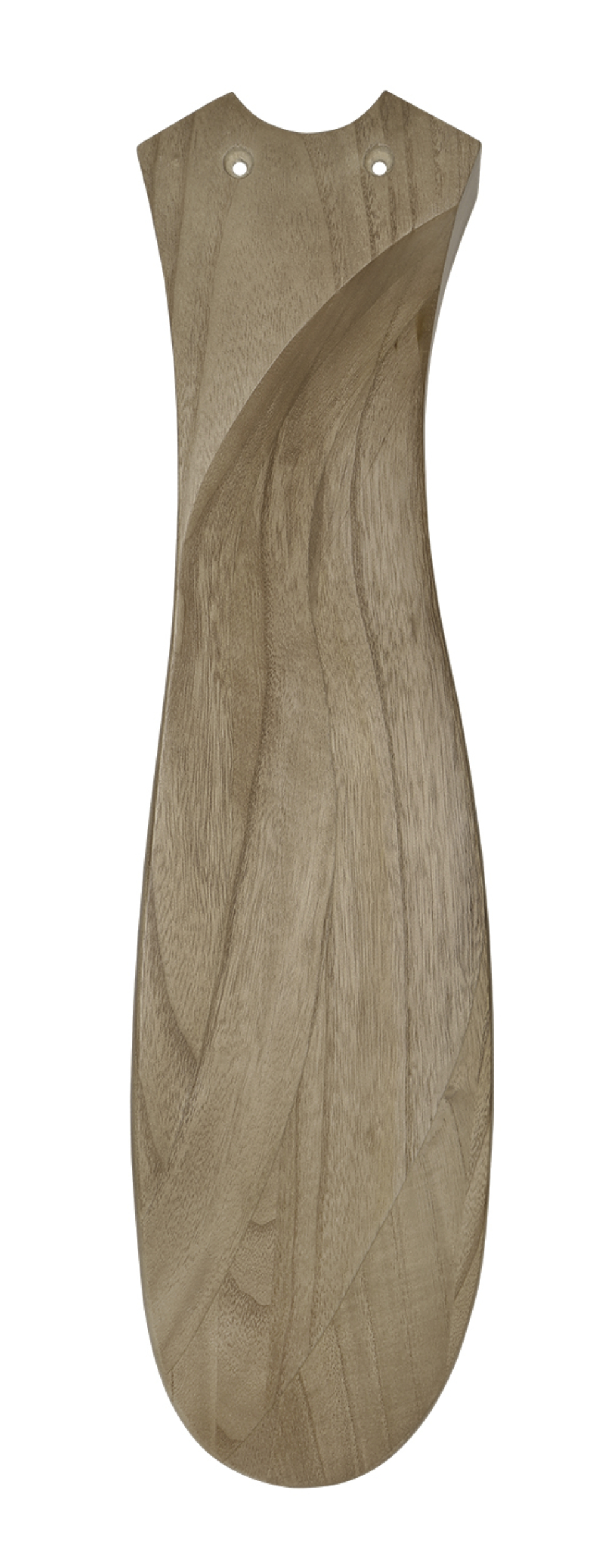 Un pezzo di legno curvo, marrone chiaro, con due fori in alto.