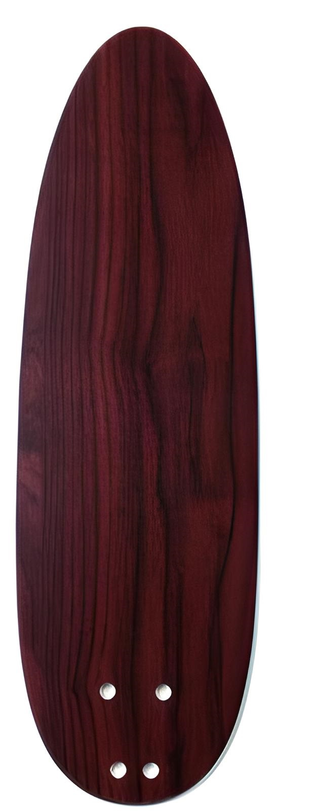 Ein rotes Skateboard-Deck mit Holzmaserung und vier Befestigungslöchern.