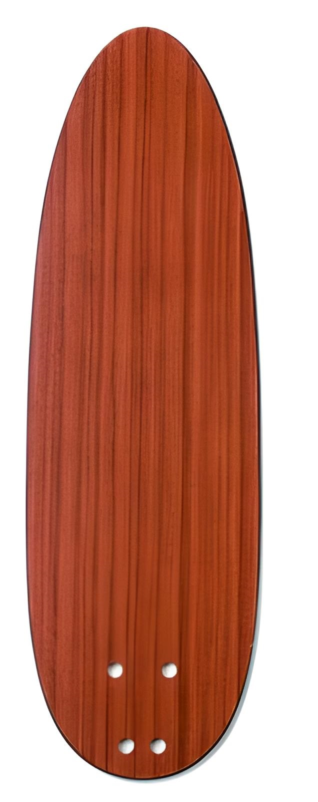 Ein braunes Surfbrett-ähnliches Objekt mit Holzmaserung und vier runden Löchern.