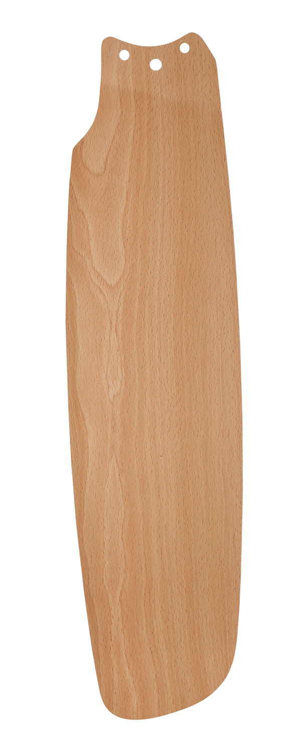 Una singola pala di ventilatore in legno con venature marrone chiaro e tre fori in alto.